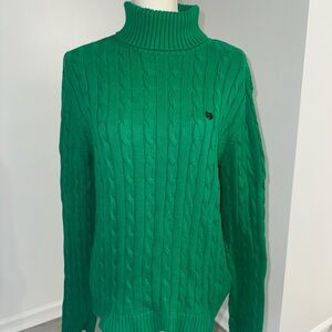 Chaps XL Green Cable Knit Turtleneck Sweater 100% Cotton Classic Preppy
